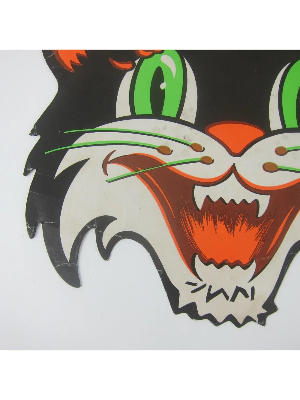 Vintage Beistle Halloween Die Cut Black Cat Face Green Eyes Orange & White 1970s